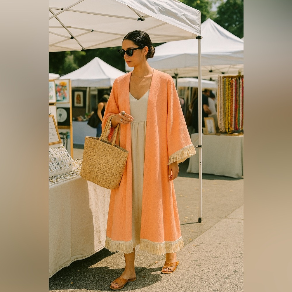 🧵 HANDMADE (by me!) Peach Kimono Long Duster Cover-Up with Fringe Details